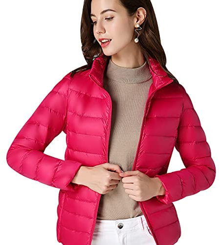 Winterjacke Damen Mäntel Für Damen Leichte Daunenjacke Damen Mit Kapuze Packbare Daunenjacke Daunenmantel Parka Gesteppte Wattierte Pufferjacke Mit Kapuze Damen Bubblev Rose Red Stehkragen XL