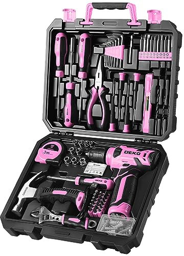 DEKO Cassetta Attrezzi Completa Rosa con Trapano Avvitatore Batteria 8V, 126 Pezzi, Set Completo di Punte