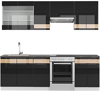 Vicco Küchenzeile Fame-Line, Schwarz-Eiche Hochglanz/Weiß, 240 cm