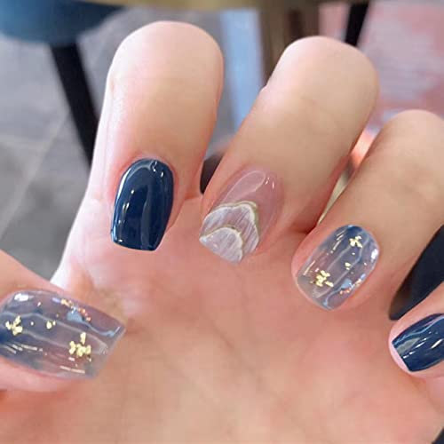 AKOFIC 24 Pièces Faux Ongles Français Square Court, Cercueil Faux Ongles avec Colle à Ongles, Press On Nails Ballerine Faux Ongles à Coller Nail Art pour Femme et Fille (Bleu Brillant)