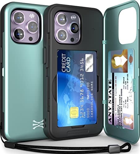 TORU CX SLIM for iPhone 14 Pro Case Wallet | Protective Shockproof Heavy Duty Cover with Hidden Card Holder & Card Slot | Mirror & Wrist Strap Included - Green