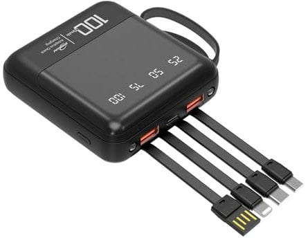 10000mAh Portable Cell Phone Charger with Built in Cables and Flashlight Power Bank External Battery Pack Compatible with iPhone Samsung Google LG iPad and More (Black)