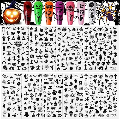 Kalolary 9 Sheets Halloween Nail Art Stickers Decals, 3D Self-Adhesive Nail Art Tattoo Stickers Pumpkins Skeleton Ghosts Tombstone Bats Spider Elements for Halloween Gel Nail Tips Decoration