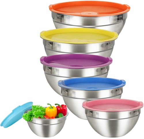 APACALI Mixing Bowl Set of 6, Stainless Steel Mixing Bowls, Mixing Bowl with Airtight Lid, Metal Salad Bowl, Mixing Bowls for Baking Cooking Serving Prepping, 1L/1.4L/2L/2.5L/3.4L/4.1L, Multicolour