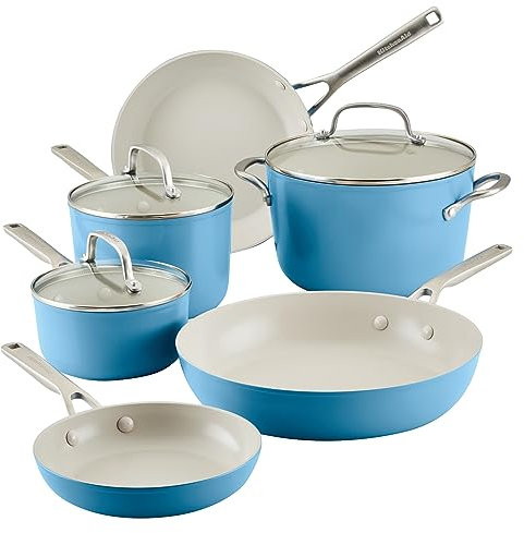 KitchenAid Hard Anodized Ceramic 9-Piece Nonstick Cookware Set – Includes Fry Pans, Saucepan, Stockpot, Durable, Even Heating, Oven Safe to 500°F, Blue Velvet