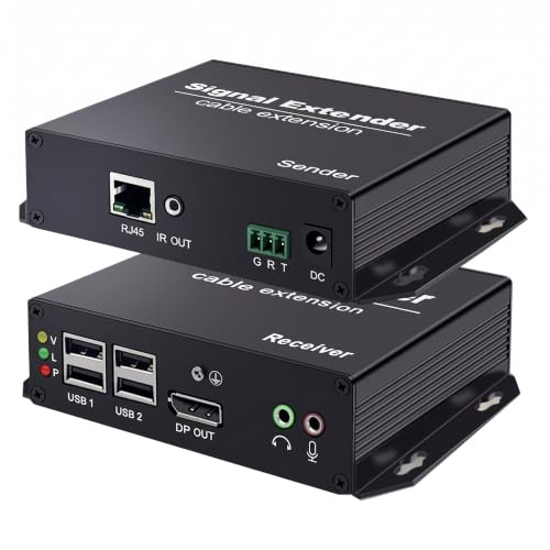 Torileaf DP KVM Extender, DisplayPort KVM Extender Over Cat5e/6/7 Up to 394ft/120m, 4K@30Hz KVM USB Extender Balun with 4 USB2.0 Ports, IR Control, RS232&Audio, Plug & Play, Zero Latency