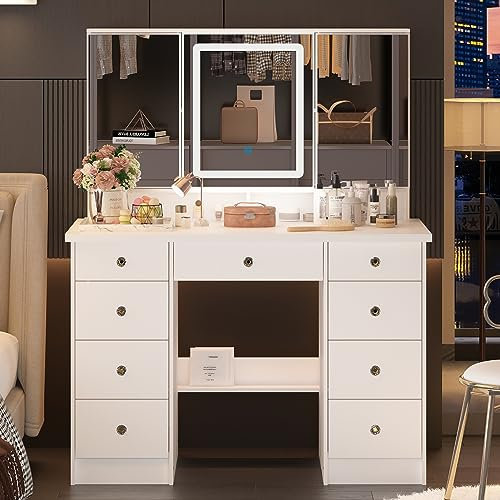 PREMTURE Schminktisch mit LED-Beleuchtung, Schminktisch mit 3 Spiegeln, 9 Schubladen, Schminktische, Frisiertisch mit 5 Regale, Großer Stauraum, MDF, 50 x 110 x 137 cm, weiß