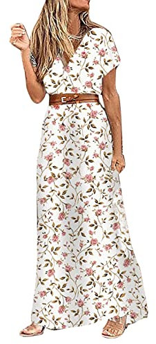 Skang Damen Sommerkleid Boho Elegant V-Ausschnitt Kurzarm Maxikleid Drucken Sommer Lang Kleid Strandkleid Böhmisch Blumenkleid Partykleid Freizeitkleid mit Gürtel