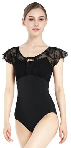 s.lemon Ballett Trikot Spitzem,Kurzarm Ballett Body Damen Balletttrikots Schwarz 160