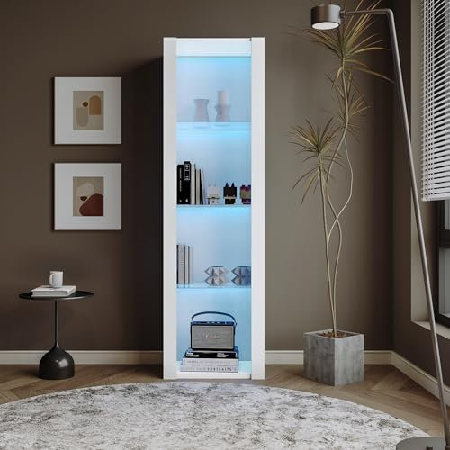 Merax Vitrine mit LED-Beleuchtung, Hochschrank mit 3 Glasböden, Modern Glasvitrine, weiß Hochglanzfront, Standvitrinen, Mehrzweckschrank für Wohnzimmer Büro Küche, offene Lagerung, 55x38x166cm