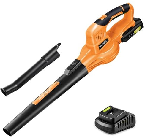SnapFresh Soffiatore Elettrico Soffiatore a Batteria 20V Soffiatore per Foglie Parkside con Batteria e Caricabatterie 210 km/h 240m³/h / 2 Modalità /1,2kg per Foglie/Prato/Auto/Polvere (Arancione)