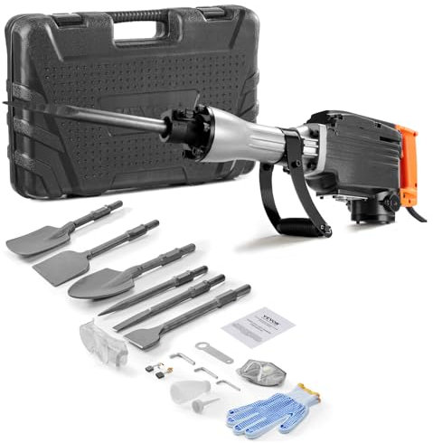 VEVOR - Martillo de demolición, 1350 BPM, triturador de hormigón, 6 piezas de cinceles con funda, martillo eléctrico de 2200 W, resistente, negro