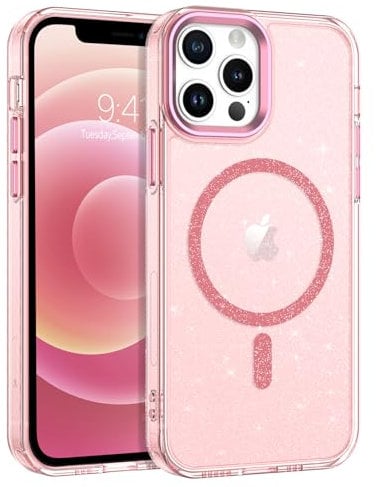 YINLAI for iPhone 12 Case Magnetic iPhone 12 Pro Case Glitter Bling Compatible with Magsafe Cover for Women Girls Slim Fit Anti-Scratch Cases for iPhone 12/iPhone 12 Pro 6.1 inch,Clear/Pink