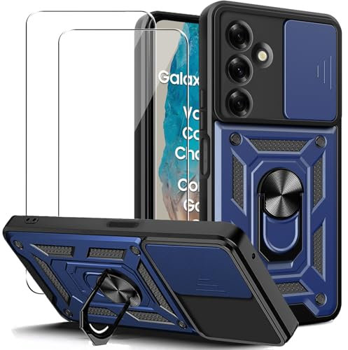 KUSINHOKA Coque pour Samsung Galaxy M35 5G avec entille Coulissante Couverture et Support Rotatif + [2 Pièces] Verre Trempé, Étui de Protection Qualité Militaire [Antichoc] Rigide Housse, Bleu