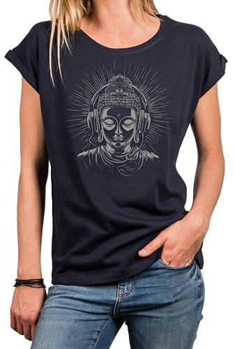 MAKAYA Yoga Shirt Damen Kurzarm Top Lotus Buddha Motiv mit Kopfhörer Namaste Meditation