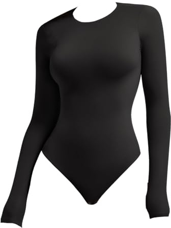 Ieron Women's Long Sleeve Bodysuit Slimfit High Stretch Soft Leotard Thong Ladies Turtle Neck Bodysuit Ladies Long Sleeve Stretch Leotard Top for Winter Black M Size