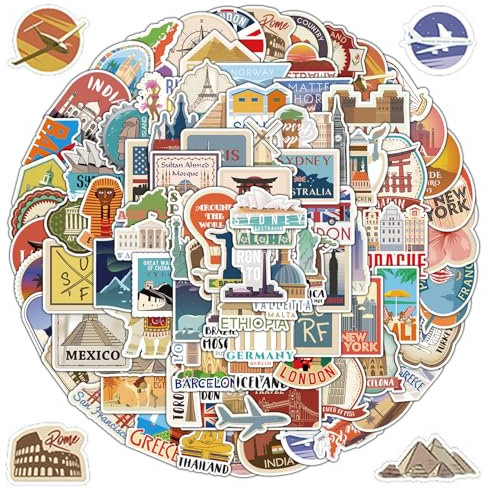 Welt Reise Sticker,100 PCS Sticker Reisen,Sticker Urlaub,Koffer Aufkleber,Berühmte Symbole Sehenswürdigkeiten Travel Sticker,Wasserfest Vintage Reise Aufkleber Set für Koffer Auto Fahrrad Laptop Helm