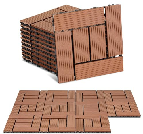 ISOISL 110er Set WPC Terrassenfliesen, 30x30cm Balkonfliesen Klickfliesen, WPC Fliesen für 10m², Bodenbelag mit Drainage und Klicksystem, Terrassendielen Wasserfest, für Balkon Terrasse, Braun