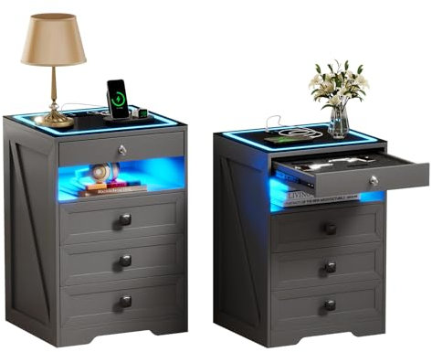 yoofun LED Bedside Table 2 Set with Wireless Charging Station, Smart Bed Side Table with 4 Drawer, Lockable Nightstand with Type-C USB, Farmhouse Storage Cabinets Bedroom Living room (Grey)