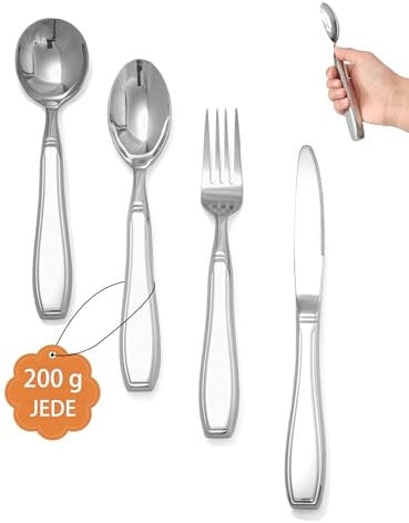 CuraVita - 4-teiliges Gewichtetes Besteck für Tremor und Parkinson (je 200 g) - Ergonomisches Besteckset für Senioren, Adaptive Hilfsmittel bei Arthritis, Parkinson Geschenkidee