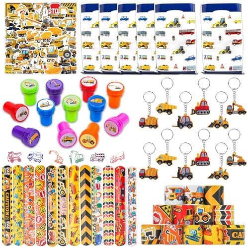 Runyuzi Baustelle Mitgebsel Kindergeburtstag Geschenktüten - Bagger Schlüsselanhänger Schnapparmband, Construction Party Aufkleber Stempel für Kinder Jungen Pinata Geburtstag Deko Give Aways