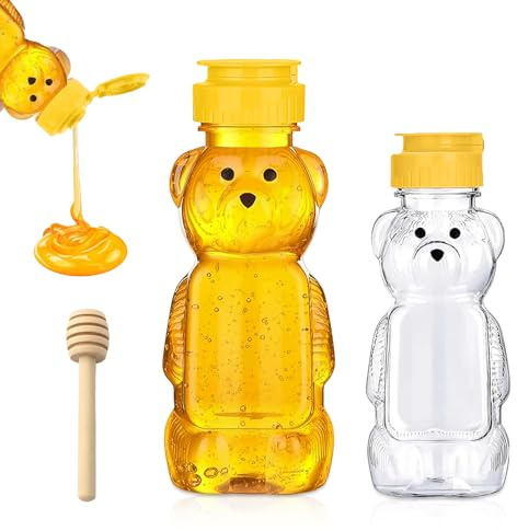 Wekuw 2 Stück Bär Honigspender mit Honiglöffel Sirup Spender Transparent Squeeze mit Klappdeckel Honigglas Marmeladengläser Klein Saucenflasche für Kaffee Oder Tee (250ML,350ML)