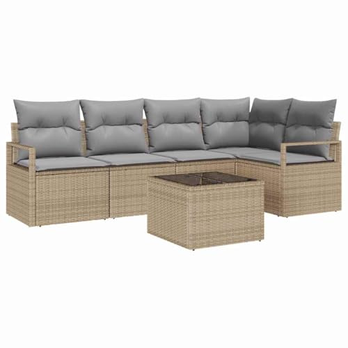 vidaXL 6-teiliges Garten-Sofa-Set mit Tisch und Kissen in Beige und Hellgrau, aus Poly Rattan. Modulares Outdoor-Möbel für die Terrasse und den Balkon, wetterfest und bequem. Inklusive Fünf-Sitzer.