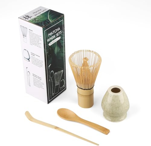 4 Fouet Coffret de Matcha traditionnels, matcha fouet, cuillère à matcha, Support de Fouet à Matcha, Convient aux débutants dans la cérémonie du thé kit matcha(Vert matcha)