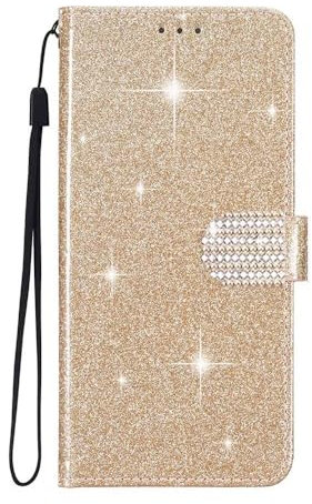 SEHEYA for iPhone 13 Mini Glitter Wallet Case Premium PU Leather TPU Shiny Sparkly Flip Cover with Card Holder Rhinestone Design Magnetic Closure Bling Buckle Purse, Gold