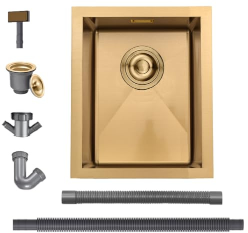 BoomHoze Fregadero Cocina 30 x 40 cm, Fregadero Acero Inoxidable, Oro | Fregadero Compatible Instalación sobre, bajo y a fleur de Encimera, Incluye Rebosadero y Cesta Filtro