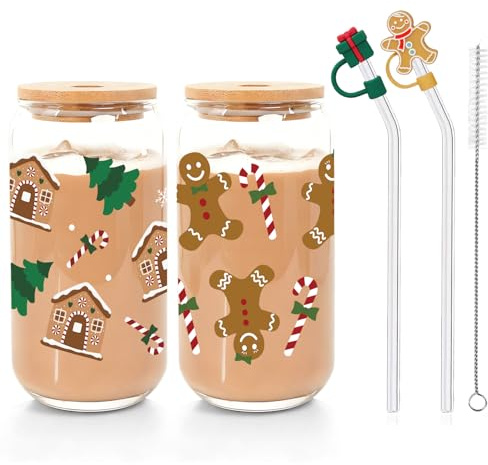 ZJKUBOIS Weihnachtsgläser 16OZ,Trinkgläser Weihnachten mit Deckel und Strohhalm,Lebkuchenmann Weihnachtsbaum Weihnachtsbecher mit Strohhalm Abdeckung, Weihnachtsgesche für Frauen, Männer, Kinder