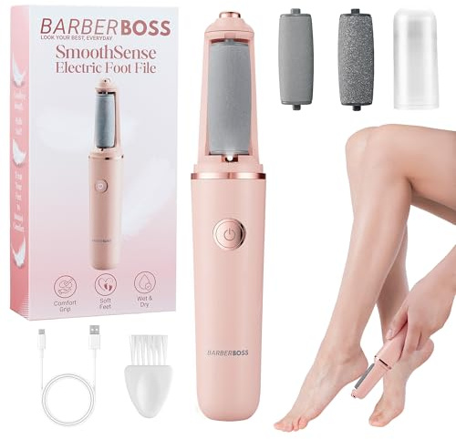 BarberBoss Lima elettrica per piedi, Rimozione calli per piedi, Kit pedicure ricaricabile, Testine a rulli fini e grossolane, Ricarica USB, Cappuccio protettivo, Rimozione calli per piedi (Pink)