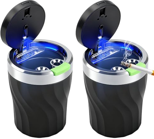 Aschenbecher Auto, Auto Aschenbecher mit Deckel, 2 Stück - Geruchsdicht, Abnehmbar, mit Automatischem LED-Licht, Versiegelt, Flammhemmend, Großes Fassungsvermögen, für Auto, Zuhause & Büro