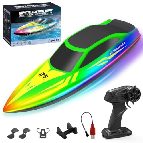 WUQNGI Bateau Télécommandé Enfant et Adulte, RC Bateau 2,4 GHz avec Lumières LED, 2 Piles Rechargeables Bateau Radiocommandé Électrique, Jouet Aquatique pour Piscines et Lacs, Cadeau Garçon Fille