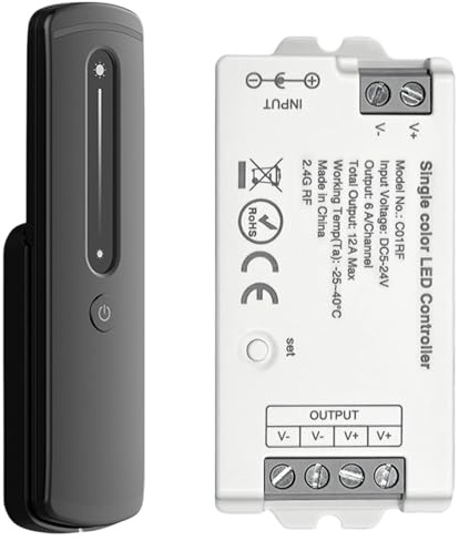 GBKDQQ LED Streifen Controller: 12V/24V Dimmer 24GHz RF, Einfarbig LED Dimmer mit Touch Fernbedienung, für ein-farbige SMD/COB LED Beleuchtung(Lieferung ohne Batterien)