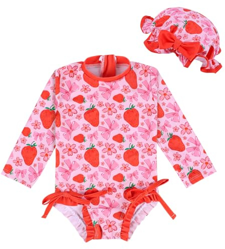 Yoolhamy Maillot de Bain pour Fille avec Chapeau de Soleil à Manches Longues Rashguard Nœud Fraise Maillot de Bain pour bébé Tout-Petit de 3 Mois à 2 Ans