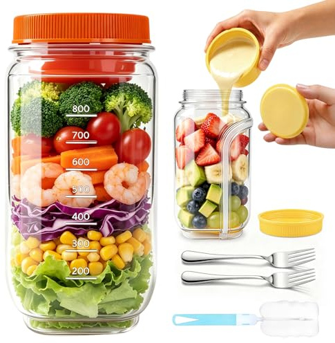 Mssushi 2 Pcs Tupper Ensalada 1L con Apertura Lateral, 2 Tenedores, Cepillo | Ensaladera para Llevar con Compartimento Aderezo, Recipientes Hermético Antifugas, para Picnic, Oficina, Gimnasio