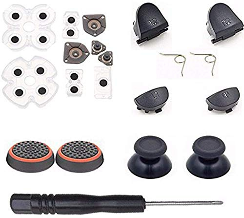 Botones de resorte de gatillo para PS4 L1 R1 L2 R2 + 2 palancas de pulgar + 2 tapas de silicona para joystick + 2 resortes + 1 destornillador + 1 juego de almohadillas de goma conductoras de silicona