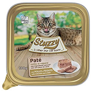 Stuzzy Mister Nassfutter für ausgewachsene Katzen, Geschmack, Huhn und Leber, Linie Pastete und Fleisch in Stücken, insgesamt 3,2 kg (32 Becher x 100 g)