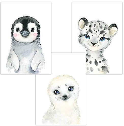 Olgs Kinderzimmer Poster Bilder 3er Set | Deko Wandbilder für Babyzimmer | Dekoration Polartiere Junge Mädchen | Polar Baby Pinguin Seehund Schneeleopard