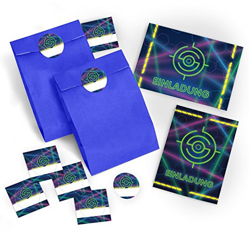 8 Einladungskarten Geburtstag Kinder Lasertag für Mädchen Jungen incl. 8 Umschläge, 8 Tüten, 8 Aufkleber Jungs Einladungen Kindergeburtstag