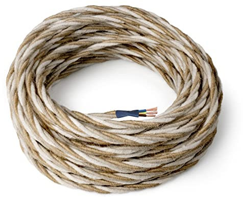 Amarcords - Cable de tela color HENO, trenzado, yute, 3 metros, con tierra 3x0,75 - Hilo eléctrico textil de color estilo clásico para lámparas bricolaje y iluminación vintage.