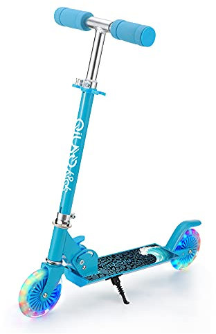 QIUYO Roller Kinder 4-7 Jahre, 2 LED Leuchtende Räder Kinderroller für Mädchen Jungenr, 3 Höhenverstellbare & Klappbar, Scooter für Kinder mit Ständer (Blau)