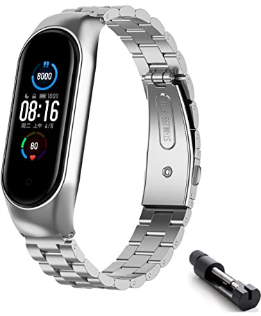 HYKEJI Metall Armband für Xiaomi Mi Band 6 / Xiaomi Mi Band 5 Armband, Xiaomi Mi Band 6/5 Verstellbare Edelstahl Ersatzbänder Armband Kompatibel mit Xiaomi Mi Band 6 / Mi Band 5 (Silber)