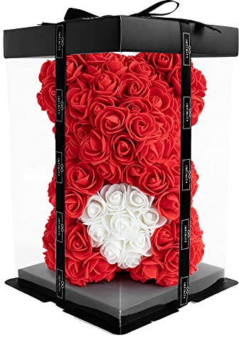 Infinity® Rosenbär Rot 25 cm mit Herz – Handgefertigter Bär mit Geschenkbox & über 300 duftenden 3D-Rosen – Geschenk für Frauen, Geburtstag oder Jahrestag