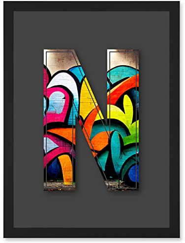 Wee Blue Coo Letter N Tagging Multicoloured Decorative Graffiti Mural Alphabet Initial Stencil Artwork Framed Wall Art Print A4
