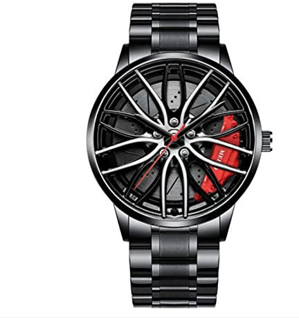 Montres Soldes, Montre De Voiture pour Homme, Montre à Mouvement à Quartz Automatique en Acier Inoxydable RéSistant à l'eau avec Motif De Roue Montre Non MéCanique pour Homme