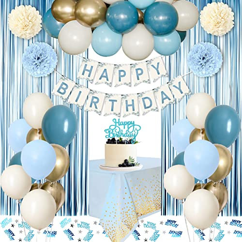 Geburtstagsdeko Junge Mann, Blau Weiß Luftballons Geburtstag Deko, Happy Birthday Girlande, Kindergeburtstag Deko, Kuchen Topper Tischdecken Pompons für 1 13 18 21 30 40 50