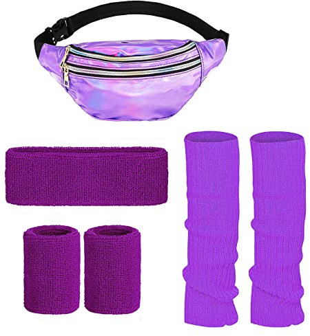 Sprießen 80er Jahre Outfit Damen Mottoparty Accessoires,80er Jahre Outfit Damen Mottoparty,enthalten Bauchtasche, Legwärmer Strümpfe,Schweißbänder Set und Haarring,für Die Meisten Frauen(Lila)