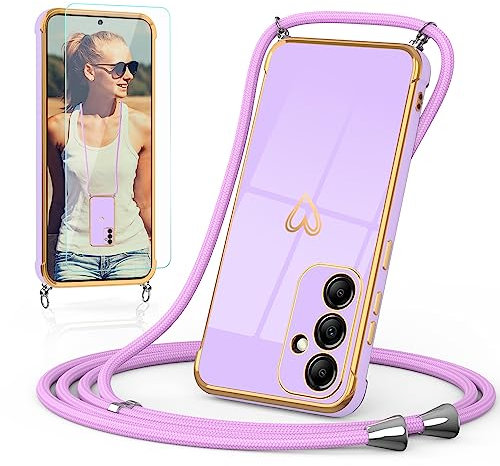 Togestar Handykette Hülle für Samsung Galaxy A13 5G/A04s/M13 5G Handyhülle mit Band und Schutzfolie, Kameraschutz Herz Love Design Stoßfeste Schutzhülle Silikon TPU mit Kordel zum Umhängen, Lila